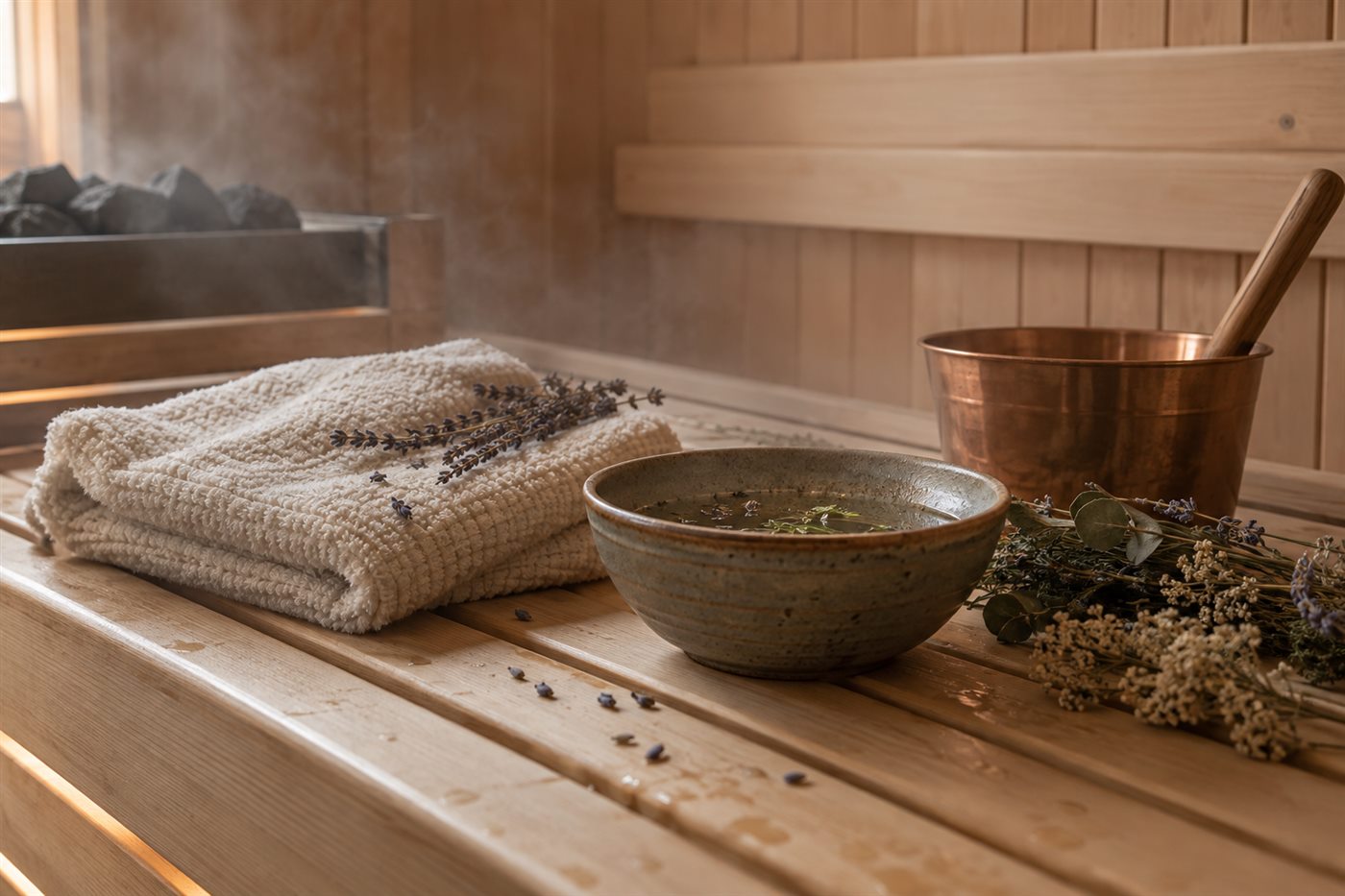 Urter, håndklæder og aromatisk vand i en rolig sauna