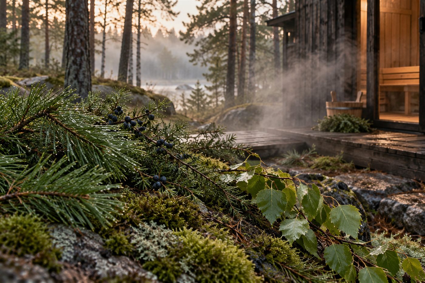 Fyr, enebær, mos og birk ved en skovsauna